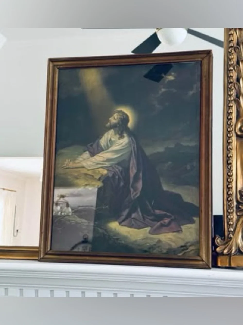 Vintage Jesus in the Garden of Gethsemane. beautiful frame and print. 1940's.